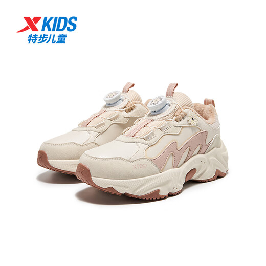 Детские туфли-лепестки Xtep, хлопчатобумажные туфли, зимние девочки, средние и большие дети плюс бархатные, теплая, ветронепроницаемая, водонепроницаемая, мягкая, эластичная и износостойкая обувь, белый песочно-серый/коричнево-розовый 36