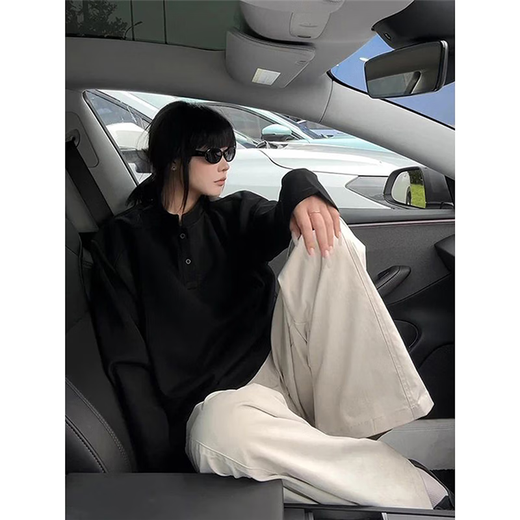 Jufeng black Henry collar American polo sweatshirt men's autumn deconstructed heavyweight long-sleeved t-shirt boxy inner layering shirt black upgraded model M 100-115Jin Jin equals 0.5 kg