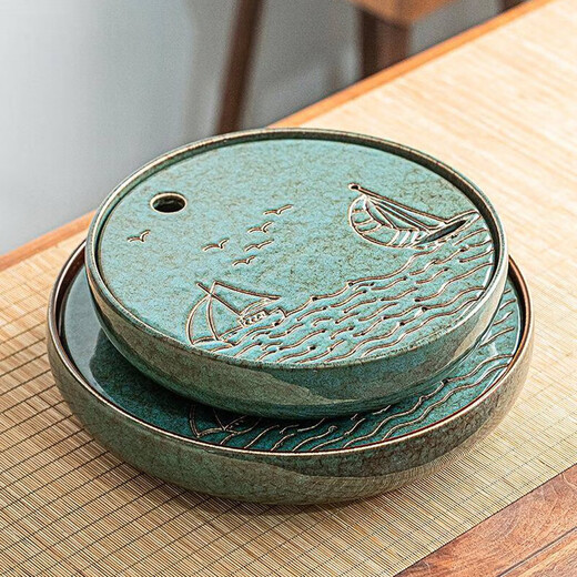 Ceramic dry tea tray for home living room Japanese-style water storage tea tray small creative tea table round Kung Fu tea sea Qingzhou ceramic tea tray *30.5*30.5cm large size