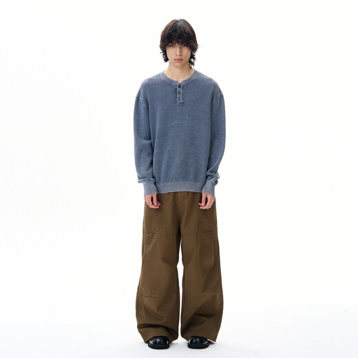 Oiro's shop American retro washed distressed long-sleeved sweater for men trendy brand high-end Henry collar sweater couple blue M