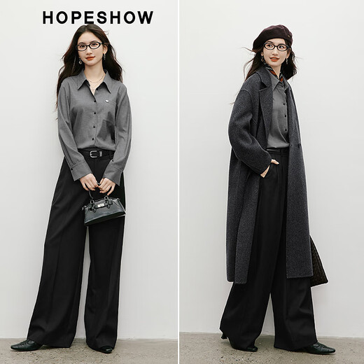 Red sleeve (hopeshow) high-end versatile shirt 2025 winter new women's intellectual style slimming French petty bourgeoisie top ash 056 M