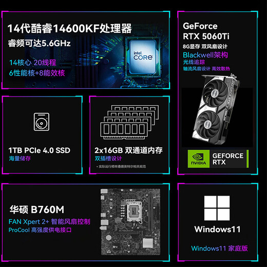 ASUS Family Bucket i5 14600KF/RTX5060Ti 8G/32G D5/1T gaming e-sports desktop complete computer host assembled by designers