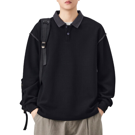 Baleno S&K Series Henley Collar Sweatshirt Men's 2025 Autumn New Loose Spring and Autumn Spliced Lapel Men's Long Sleeve T-Shirt 9605 Black L 120-140Jin Jin is equal to 0.5 kg
