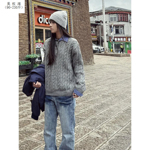 Wu Quanwan cra American fake two-piece Henry collar sweater men's autumn retro cable knit sweater cleanfit couple coat black upgraded version black upgraded version L