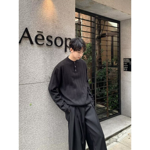 Autumn simple pit Henry collar long-sleeved sweater for men and women loose casual versatile sweater trend black XL