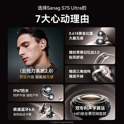 SANAG S7S Ultra star-like Bluetooth headset ear clip type air bone conduction concept ear hanging sports AI smart recording real-time translation wireless headset