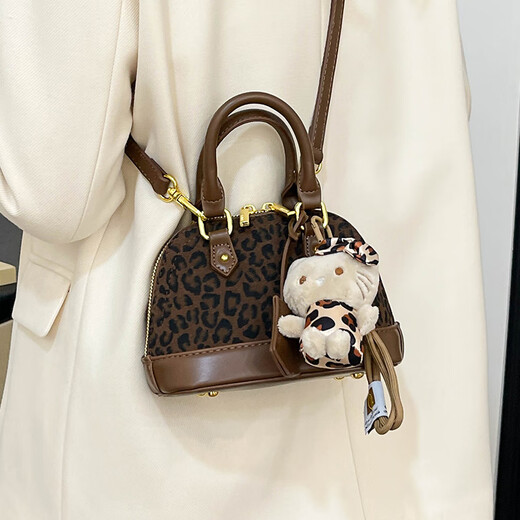 袋鼠牛皮女士手提包2025新款时尚贝壳包手提斜挎包女复古休闲通勤包包 黑色不带挂件