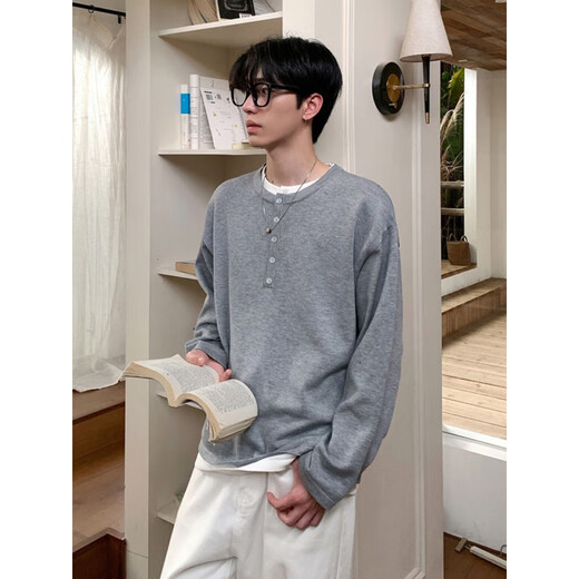 XUANSENTU fake two-piece henley sweatshirt men's autumn loose lazy style long-sleeved T-shirt American retro inner layering shirt glutinous beige upgraded model M