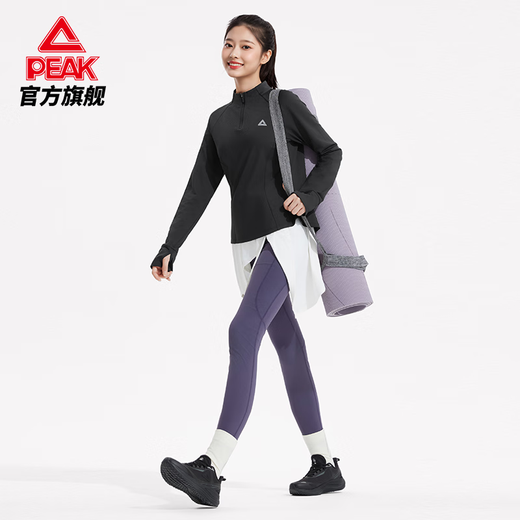 Peak quick-drying sports fitness plus velvet long T-shirt autumn and winter new warm running outdoor leisure yoga Pilates top black XS