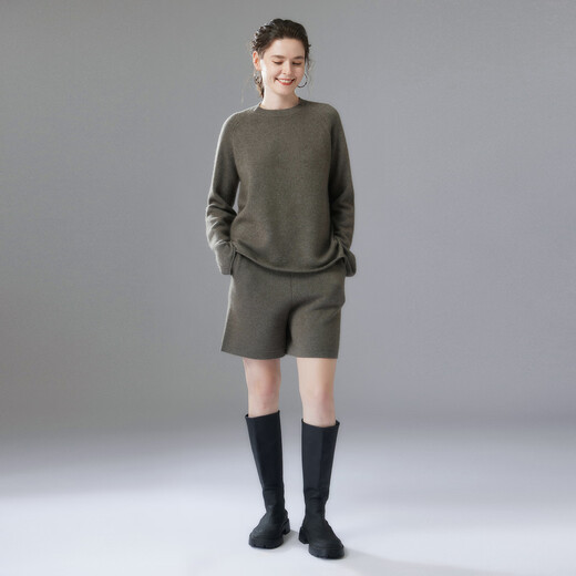 Mushi Cashmere Suit Women's Cashmere Sweater and Cashmere Shorts Women's Autumn and Winter New Knitted Suit Cashmere Sweater Thick AS551 Gray Green M