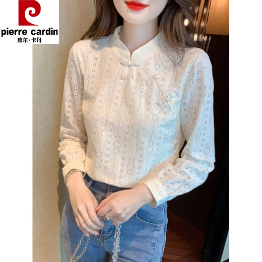 Pierre Cardin plus velvet thickened lace bottoming shirt for women autumn new button-down shirt long-sleeved shirt inner top apricot plus velvet M 95-105Jin Jin is equal to 0.5 kg