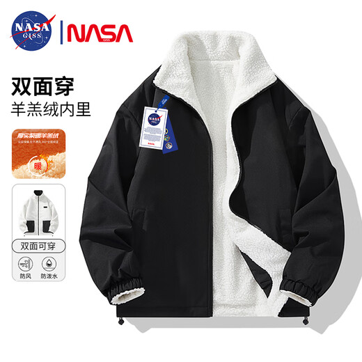 NASA GISS cotton coat men's winter trendy double-sided lamb velvet warm windproof bread coat cotton-padded jacket for men black XL