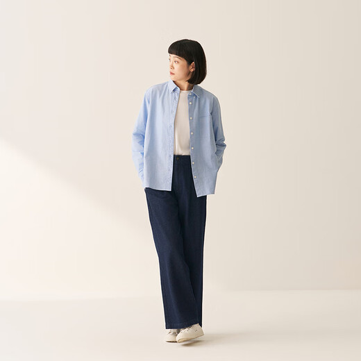 MUJI Women's Cotton Washed Oxford Button Collar Long Sleeve Shirt Women's Shirt Jacket Top 25 Winter Women's Saxon Blue S (155/80A)