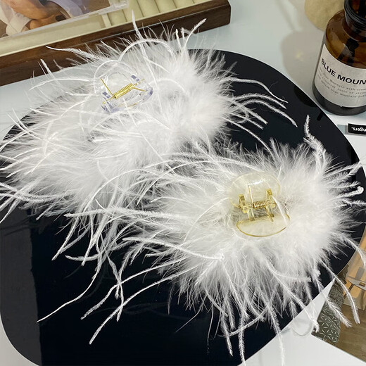 Xiaopanda Korean style ins style feather gripping hairpin for women ostrich hair clip for the back of the head plush shark clip hairpin black extra large size 13cm extra large base clip