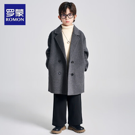 Romon children's double-sided wool coat, autumn and winter woolen woolen coat for boys and girls, mid-length Korean style coat, charcoal gray 140