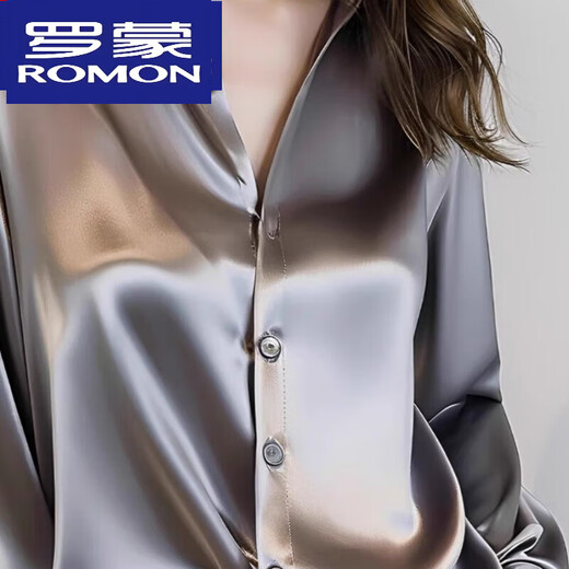 ROMON 2025 Spring and Autumn New Style Gray Acetate Silk Shirt Women's Long Sleeve Chic French Silk Professional Shirt Gray M