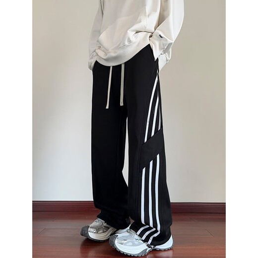 Katuchi black striped splicing straight casual pants for men in spring and autumn trendy handsome loose slimming wide leg sports long pants black white stripes XL recommended 125-140Jin Jin equals 0.5 kg