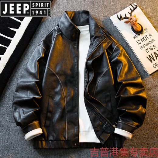 JEEP SPIRIT light luxury American retro aged oil wax motorcycle leather jacket men's autumn Ami khaki tough guy leather hunting jacket black 2XL (171-190Jin Jin equals 0.5 kg)
