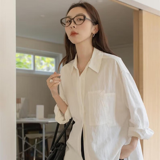 Yipinyuan New Solid Color Simple Lapel Shirt Women's Autumn 2025 New Casual Big Pocket Drape Long Sleeve Top Shirt White L 111-130Jin Jin equals 0.5 kg