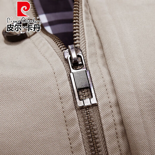 Pierre Cardin spring and autumn pure cotton mid-length windbreaker men's buttoned casual jacket middle-aged autumn coat coat outer hooded jacket light khaki A352-1311 jacket XL