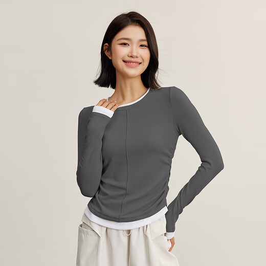 NEVER ME Sports T-shirt Women's Pleated Slim Top Pilates Training Yoga Wear Bottoming Shirt Contrast Color Long Sleeve Mist Blue M Recommended 100-115 Jin Jin equals 0.5 kg