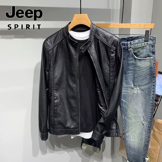 JEEP SPIRIT motorcycle leather jacket for young men spring new Korean version trendy slim handsome versatile stand collar riding leather jacket black L recommended weight 100-115Jin Jin equals 0.5 kg