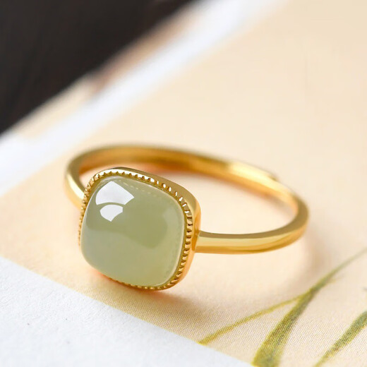 Lao Fengxiang small sugar cube ancient gold deep Hetian jade couple ring women's ring birthday gift girls silver jewelry small sugar cube ring ancient gold deep Hetian jade + certificate + brand gift box