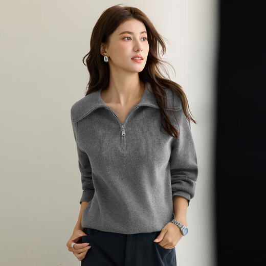Eveli (eifini) Jiang Xin endorses Eveli half-open lapel basic zipper knitted cardigan thick warm outer 2025 winter new style gray half-open lapel S