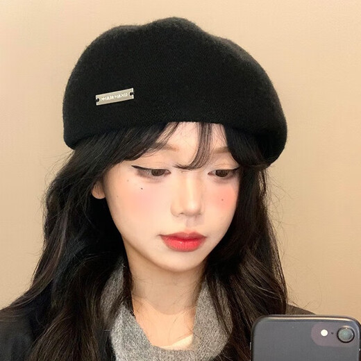 Yanyun black woolen forward hat for women spring and autumn Korean style all-match face-showing small reverse beret big head circumference painter hat black one size