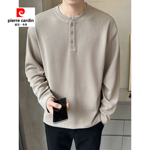 Pierre Cardin Henry Collar Long Sleeve T-shirt Men's 2025 New Spring and Autumn Autumn Clothes Button Solid Color Inner Bottoming Shirt Sweatshirt Men's 433 Black M 90-115Jin Jin is equal to 0.5 kg