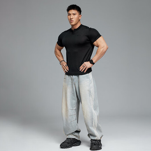 MUSCLE DOG Muscle Dog Lyocell breathable short-sleeved T-shirt men's summer slim cuffs miniature Henley shirt training fitness top black S