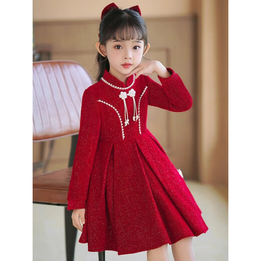 Girls dress winter girls dress autumn and winter little girl Chinese style retro princess dress children beautiful red plus velvet (without pendant) 100 cm