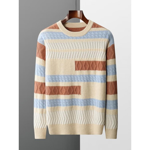 鄂尔多斯市产秋冬新款羊毛衫男士套头加厚毛衣加厚大码针织打底拼 本米棕 XL