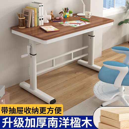 Hand lift computer desk student solid wood desk home children's study table writing desk simple and fashionable desk no drawer/white shelf + white* solid wood desktop hand lift - length 80 width 50 height 63-90
