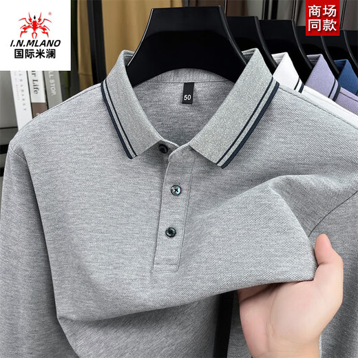 International Milan high-end brand 100% cotton lapel autumn long-sleeved T-shirt men's middle-aged dad wear business casual POLO. shirt 25613 gray XL recommended 130-155Jin Jin equals 0.5 kg