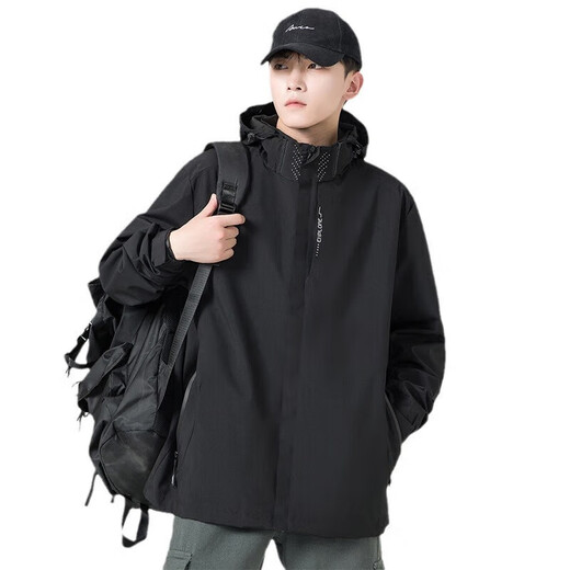 Spring and Autumn Outdoor Sports Windproof and Waterproof Large Size Jacket Top Couple Jacket Detachable Hood Mountaineering Cycling Jacket Black Three-in-One Detachable 2XL