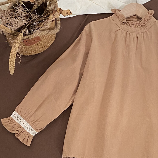 New girls' autumn shirt solid color foreign style fungus collar top spring and autumn children's shirt pure cotton long sleeve Korean khaki 140