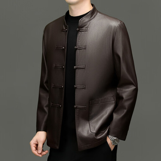 JEEP SPIRIT Spring and Autumn Haining Genuine Leather Jacket Men's First Layer Cowhide Tang Suit Chinese Style Jacket Stand Collar Chinese Style Leather Jacket Thin Black M 170