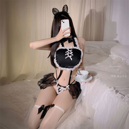 Japanese sexy lace maid jumpsuit cos uniform suit three-point bra bellyband underwear thong for women black one size