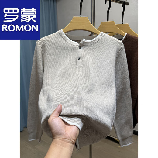 Romon two-button Henry collar sweater men's autumn and winter trendy long-sleeved bottoming shirt men's fake two-piece sweater black L 170