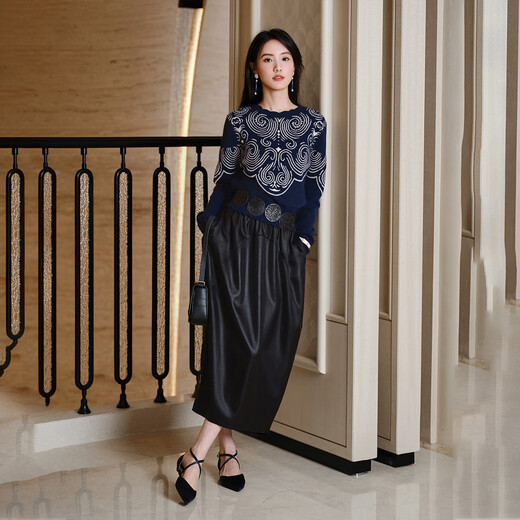 EP Yaying Blue Label Series | Temperament Knitted Jacquard Ethnic Blue Pullover Cardigan Sweater 2025 Winter New Style 9520A White M