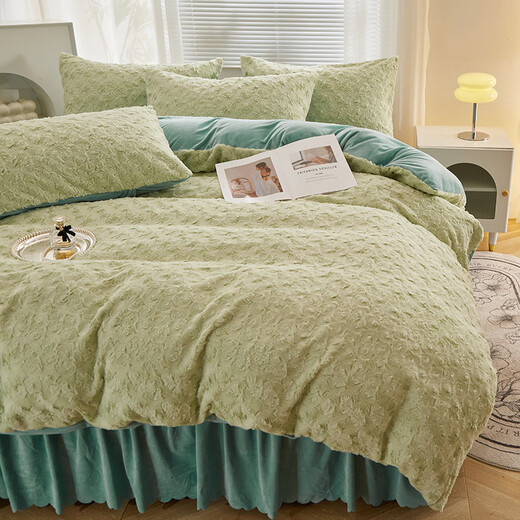 Mengjie Home Textiles 2025 New Thickened Rabbit Plush Sheets Four-piece Set Milk Velvet Baby Velvet Rabbit Velvet Cut Flower Solid Color Rosehip Green Sheets 1.5m Four-piece Set