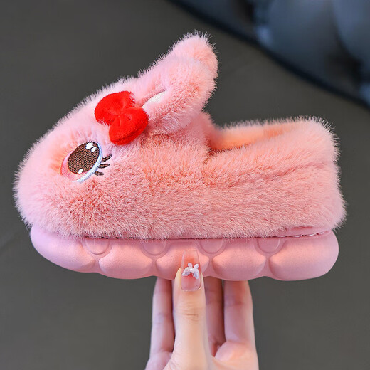 Children's cotton shoes winter 2025 girls cute cartoon princess warm furry shoes home indoor baby cotton slippers pink-heel 14.5-22/23 inner length 14.5CM about 1-2 years old