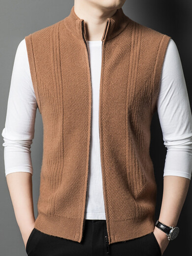 NOSSKISS international luxury brand high-end pure wool sweater men's cardigan vest spring and autumn stand-up collar sweater sleeveless vest camel one size 170/M suitable for 120-135Jin Jin equals 0.5 kg