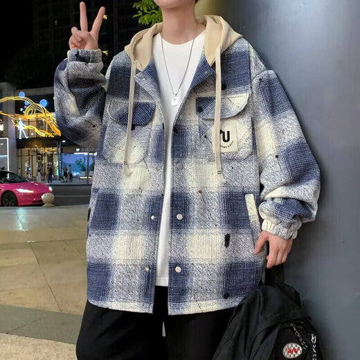 2025 Spring, Autumn and Winter New Plaid Jacket for Men and Teenagers Hooded Hong Kong Style Trendy Handsome Hooded Baseball Jacket Gray XL