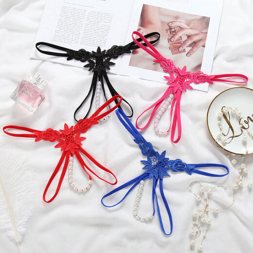 Underwear open three-dimensional pearl massage women's water-soluble flower low-waist sexy thong black one size