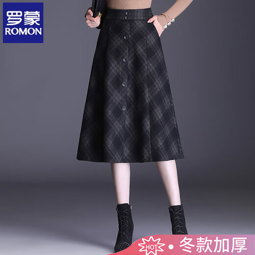 ROMON High Waist A-Line Winter Skirt Plaid Woolen Half Skirt Women's Autumn and Winter Thickened Mid-Length Umbrella Skirt 2025 New Style Plaid M Recommended 90-100Jin Jin is equal to 0.5 kg
