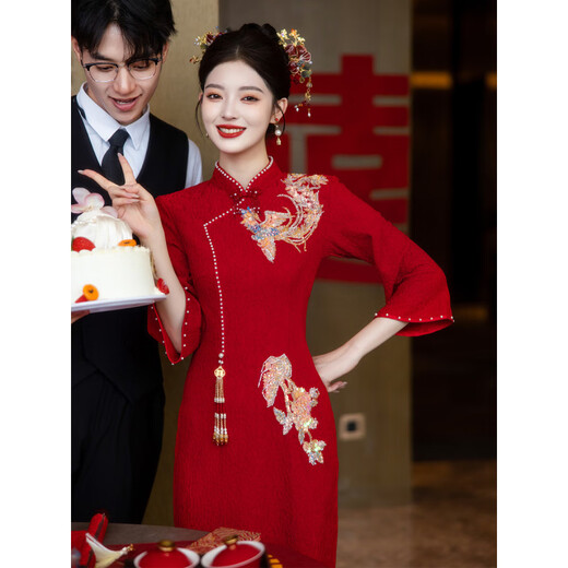 ROMON toasting dress for women autumn 2026 new petite bride style wedding engagement new Chinese fishtail cheongsam dress Phoenix Yu Fei M