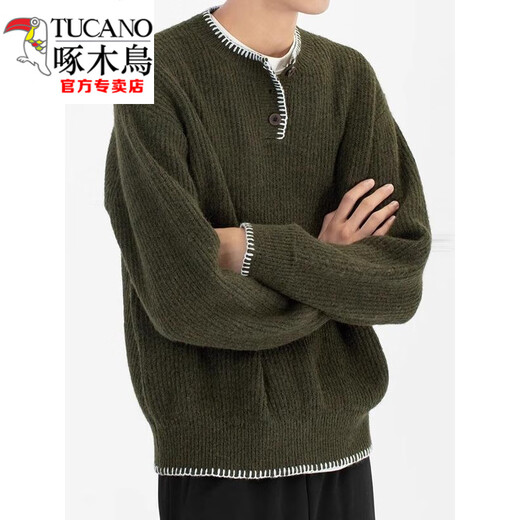 Woodpecker (TUCANO) American retro design casual Henry collar sweater for men and women loose autumn couple lazy pullover top black high quality M