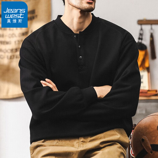 Jeanswest American retro heavyweight sweatshirt men's autumn trendy Henry collar half cardigan jacket men's spring and autumn long-sleeved POLO shirt black 350g heavy 2XL suitable for 160-180Jin Jin equals 0.5 kg